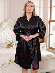  Heart Print Silk Satin Robe Long Sleeve Nightgown