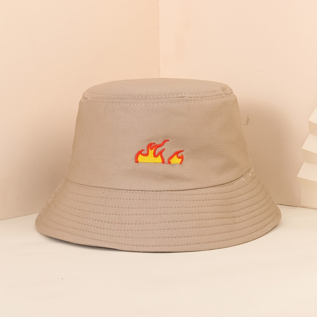 Flame Embroidery Bucket Hat Casual Hip Hop Basin Hat Solid Unisex Fisherman Cap