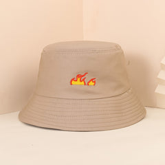 Flame Embroidery Bucket Hat Casual Hip Hop Basin Hat Solid Unisex Fisherman Cap