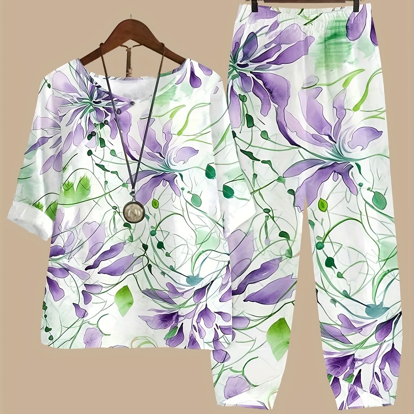 Women's Plus Floral Print Tee & Pants Outfit Set