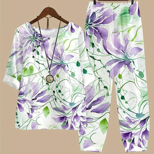 Women's Plus Floral Print Tee & Pants Outfit Set