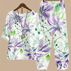 Women's Plus Floral Print Tee & Pants Outfit Set
