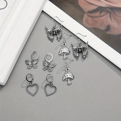 Punk Vintage Silver Snakes Butterfl. Sword Skull Earrings Set 9 Pairs