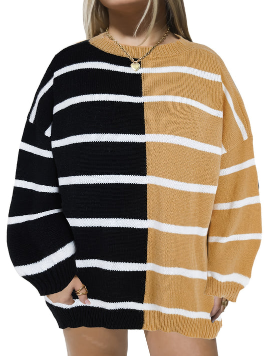  Colorblock Stripe Print Round Neck Sweater