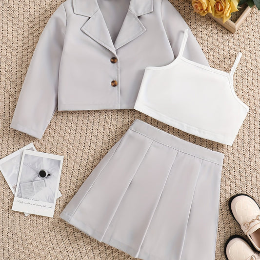 Girl's 3pcs Blazer & Cami Top & Pleated Skirt Set Classic Outfits Kids Clothes