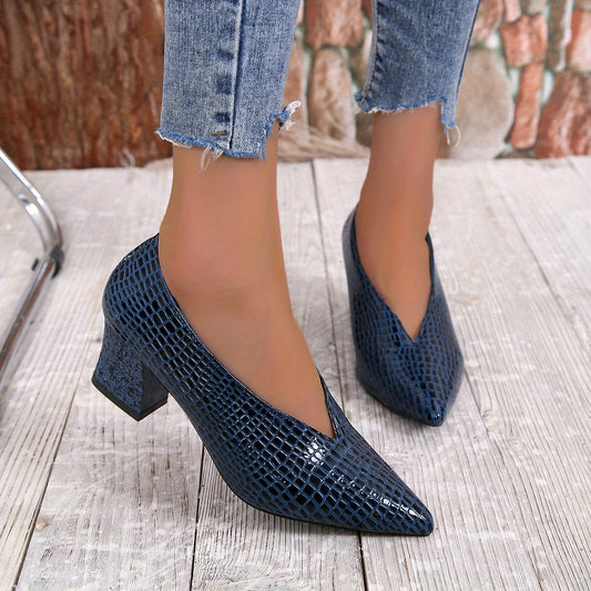 Women's Snakeskin Block Heels Point Toe Dress Pumps