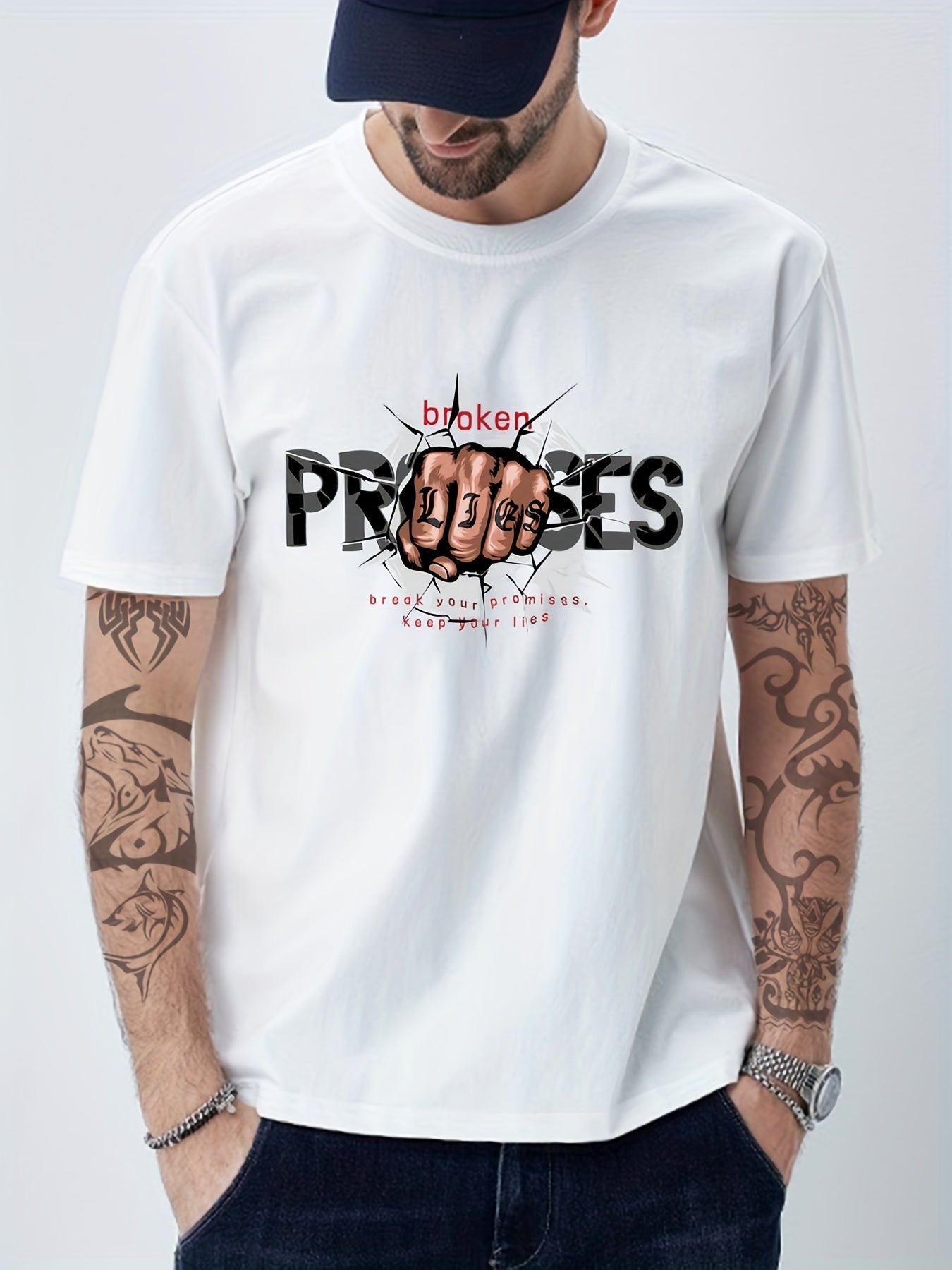Cotton Fist Print Men's Graphic Crew Neck T-Shirt for Summer