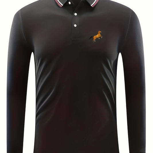 Men's Horse Print Polo Shirt Casual Stretch Breathable Long Sleeve Shirt