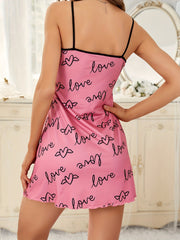 Heart Print Cami Pajama Dress with Fungus Trim