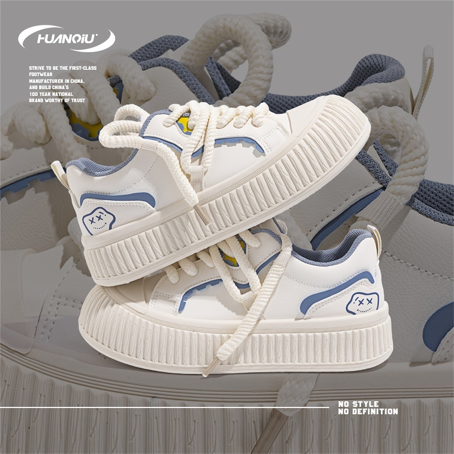 HUANQIU Smiling Face Lace-up Skate Shoes Retro Lightweight Flatform Sneakers