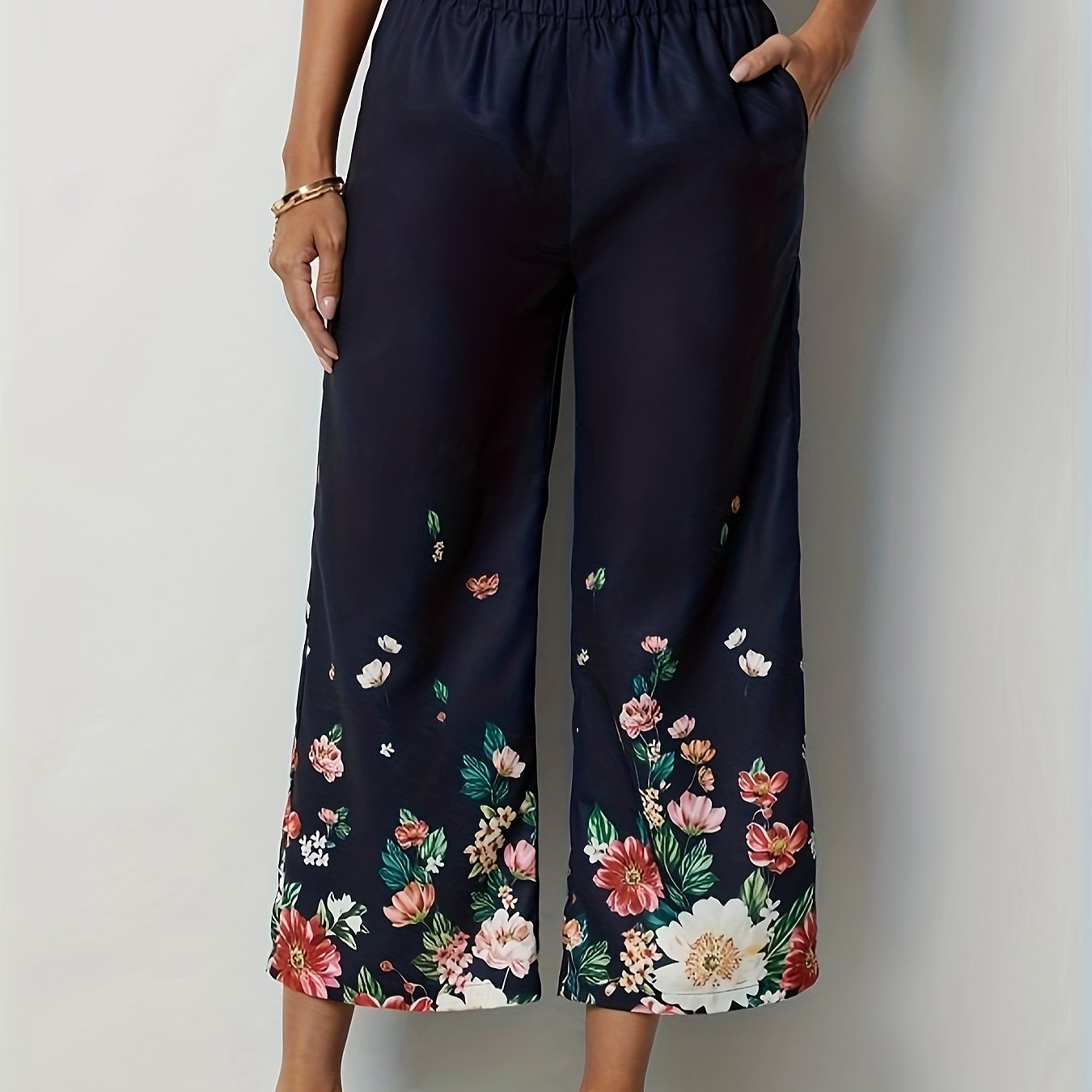 Women's Plus Floral Print Wide Leg Pants with Pockets