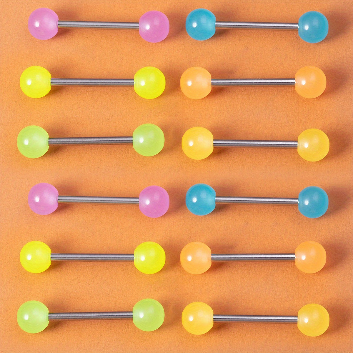 6 Pcs Glow In Dark Tongue Rings 14G Stainless Steel Bar Unisex 6mm Acrylic Ball