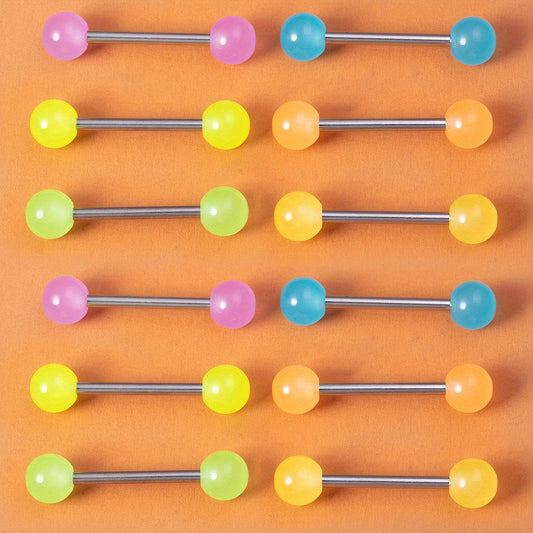 6 Pcs Glow In Dark Tongue Rings 14G Stainless Steel Bar Unisex 6mm Acrylic Ball