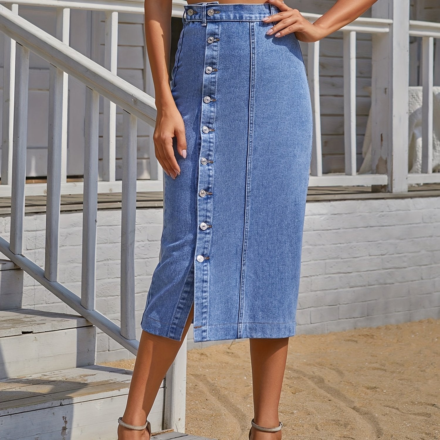 Button Denim Midi Skirt High Waist Split