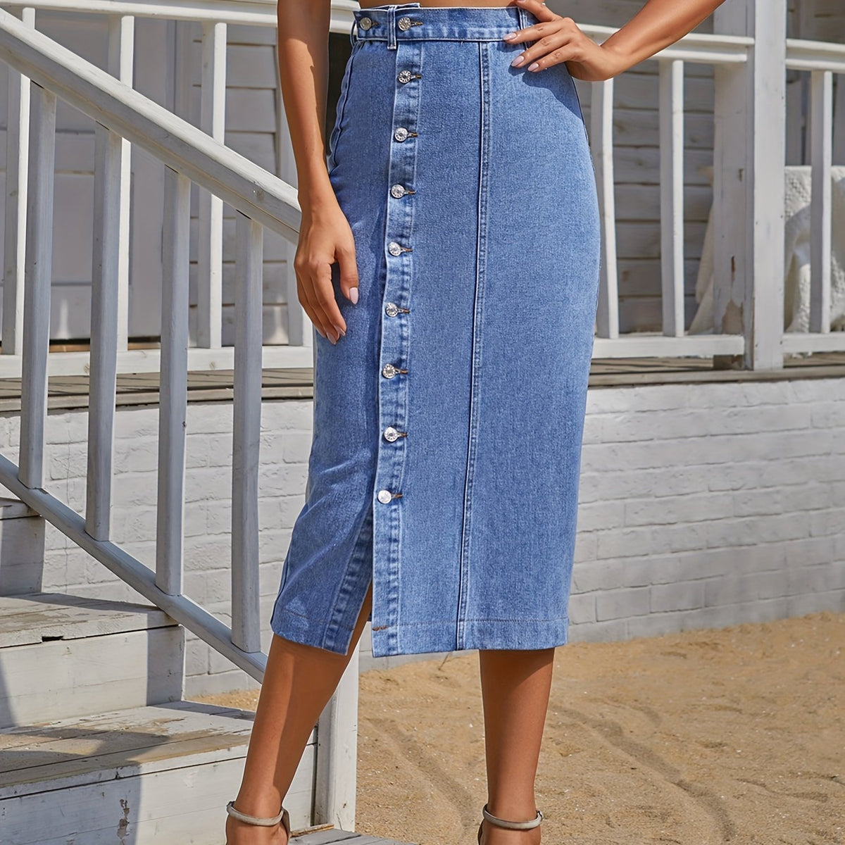 Button Denim Midi Skirt High Waist Split