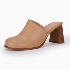 Women's Chunky Heeled Mules Slip On Stacked Heels Faux Leather