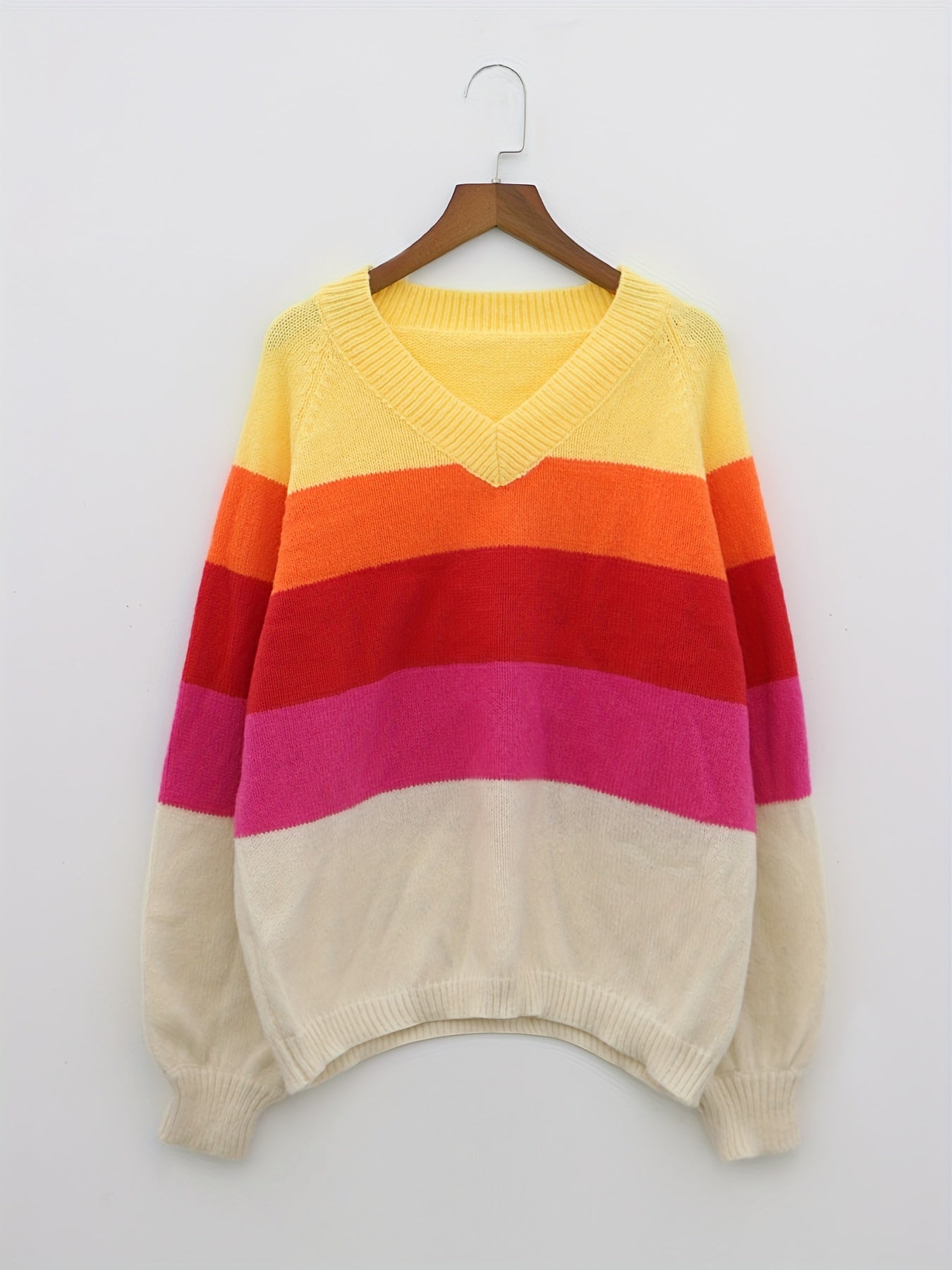  Colorblock Stripe Lantern Sleeve V Neck Sweater