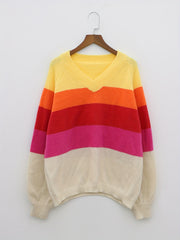  Colorblock Stripe Lantern Sleeve V Neck Sweater