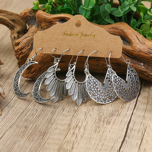 Retro Style Antique Silver 3 Pairs Earrings Set
