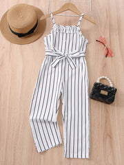Girls Striped Ruffle Trim Button Belted Cami Jumpsuit Romper
