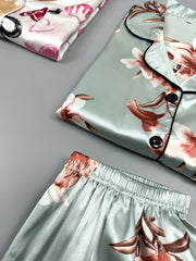 Heart & Floral Print Pajama Set Long Sleeve Buttons Top & Elastic Waistba