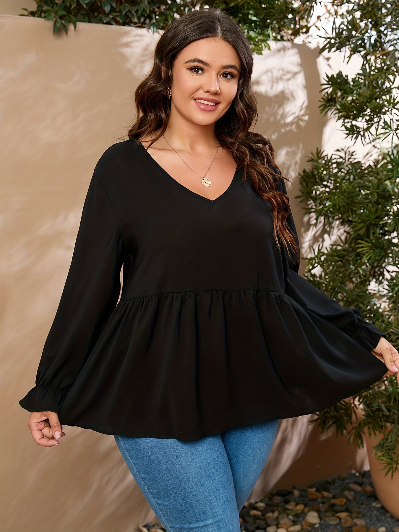  V Neck Ruffle Trim Long Sleeve Blouse