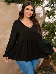  V Neck Ruffle Trim Long Sleeve Blouse