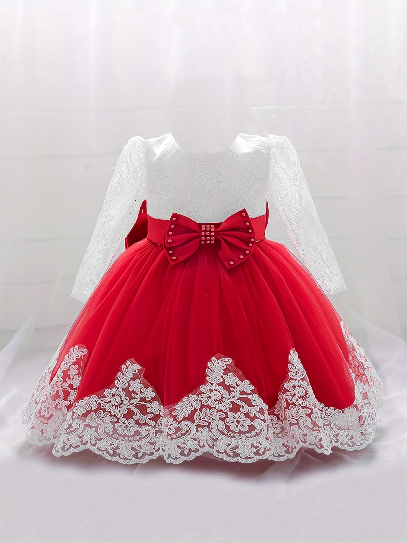 Girls Lace Long Sleeve Puffy Princess Dress With Bow