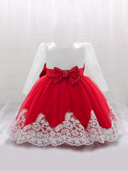 Girls Lace Long Sleeve Puffy Princess Dress With Bow