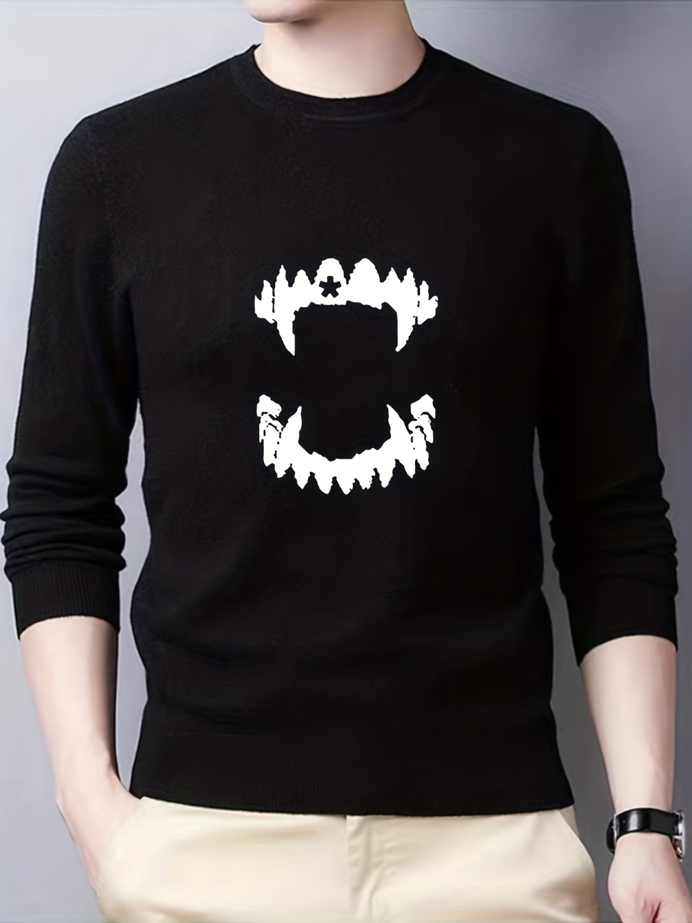 Teeth Print Knitted Sweater Men's Warm Crew Neck Pullover for Fall Winter