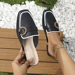 Low Heeled Mules Rhinestone Buckle Slip On Chunky Heels