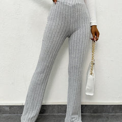 Ribbed Flared Leg Pants High Waist Solid Long Length