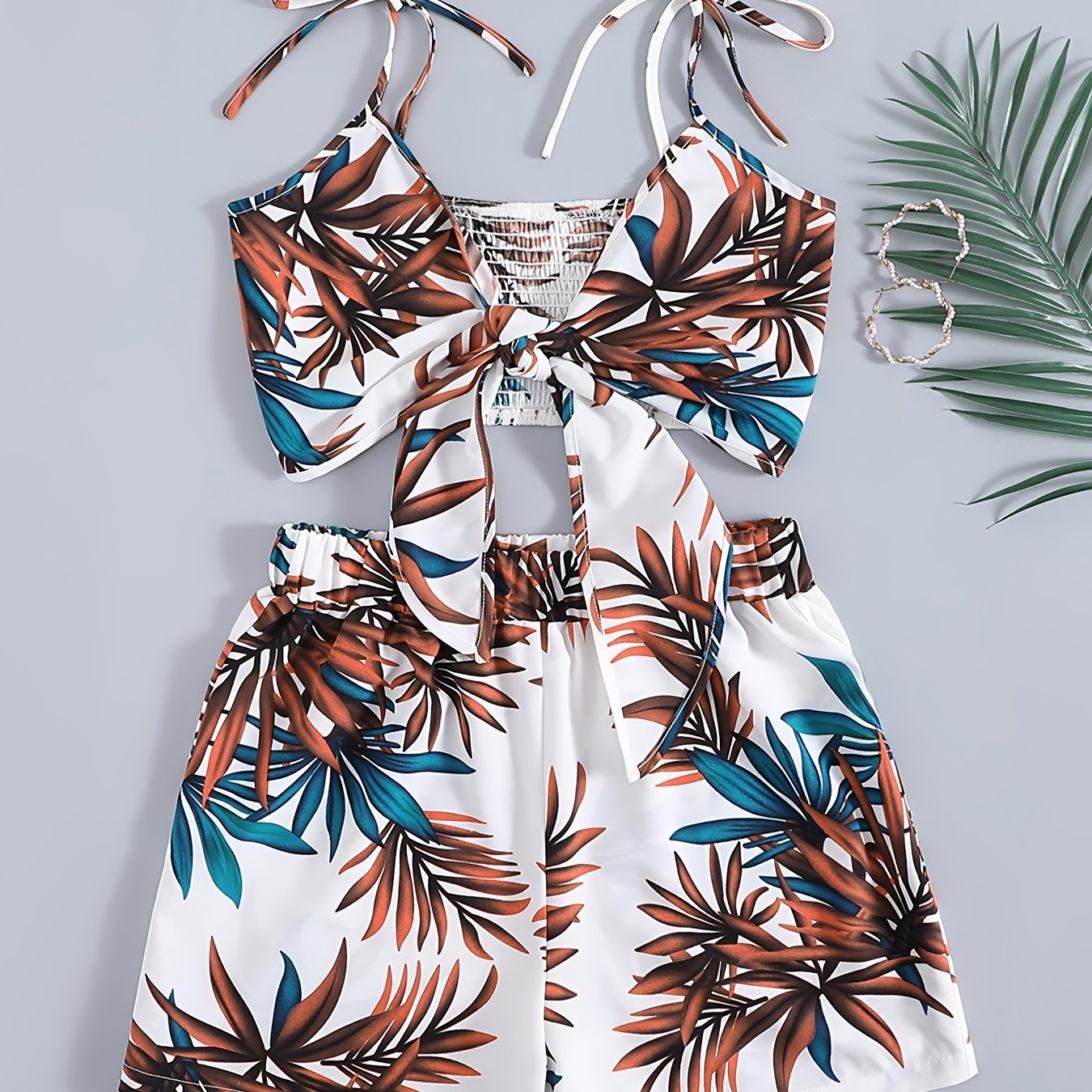 Tropical Print 2 Piece Set: Cropped Vest & Shorts