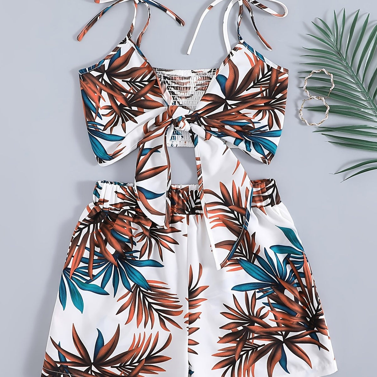 Tropical Print 2 Piece Set: Cropped Vest & Shorts