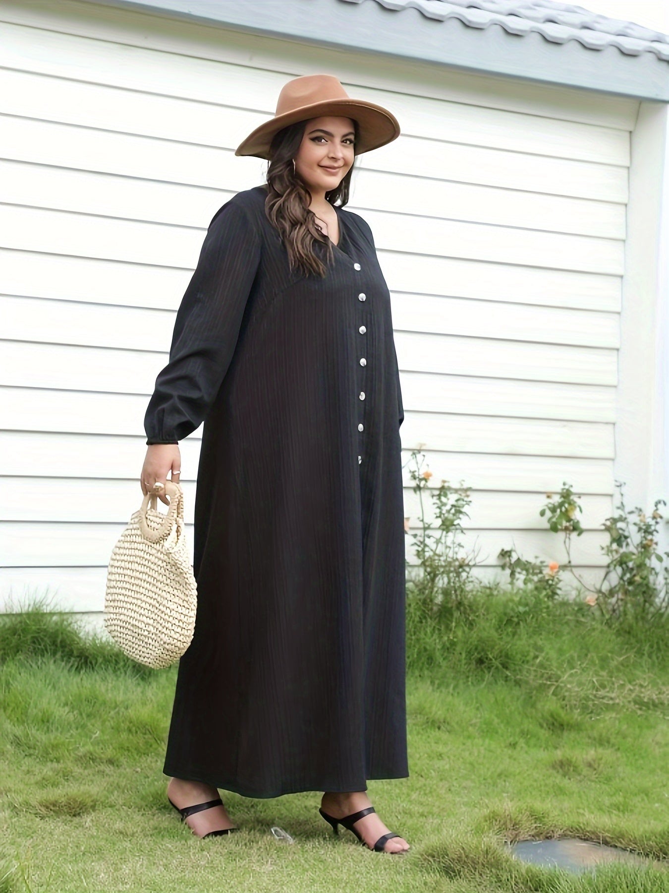  Ribbed Button Up Lantern Sleeve V Neck Maxi Dress