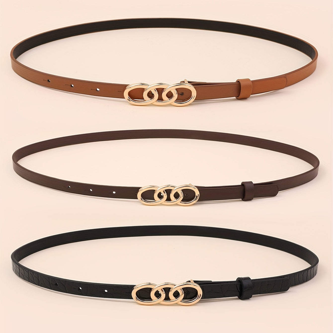 Triple Ring Buckle Thin Belt Set for Women