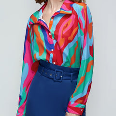  Blouse Women's Plus Contrast Button Up Long Sleeve