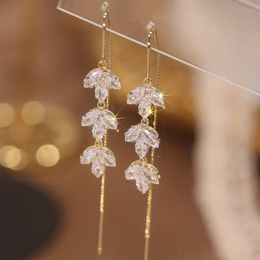 Zircon Decor Threader Earrings Maple Leaf Long Tassel Ear Accessories