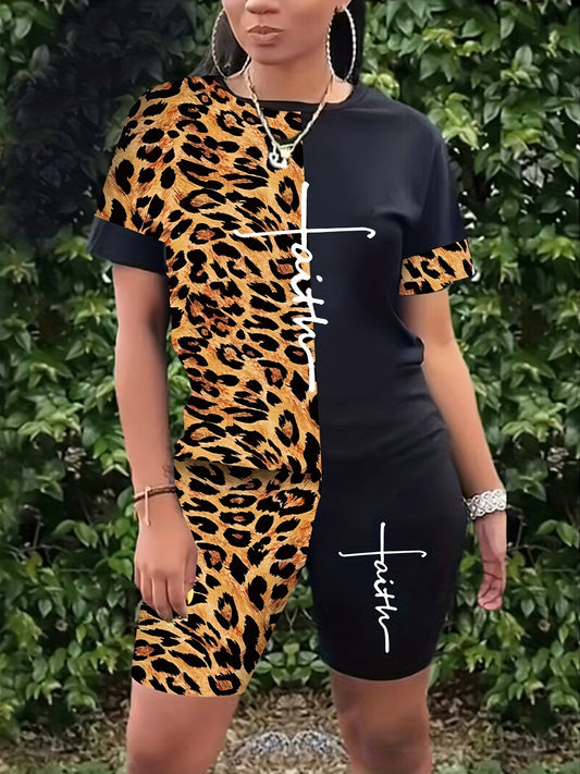 Letter & Leopard Print 2pc Set Short Sleeve T-shirt & Shorts