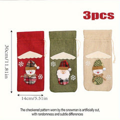 3 Pack Christmas Bottle Covers Santa Snowman Reindeer Gift Bags