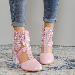 Pink Flower Lace Ankle Boots with Clear Heel