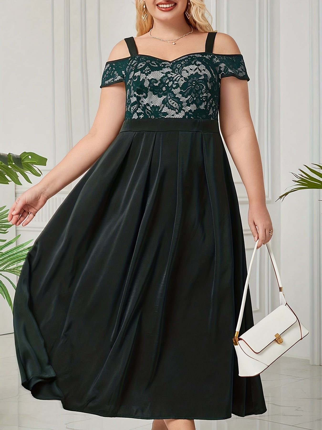 Plus Size Solid Contrast Lace Cold Shoulder Pleated Dress
