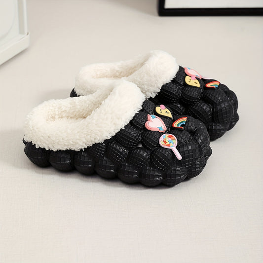 Girls' Fleece House Shoes with Cartoon Charms, Non Slip Soft Bottom