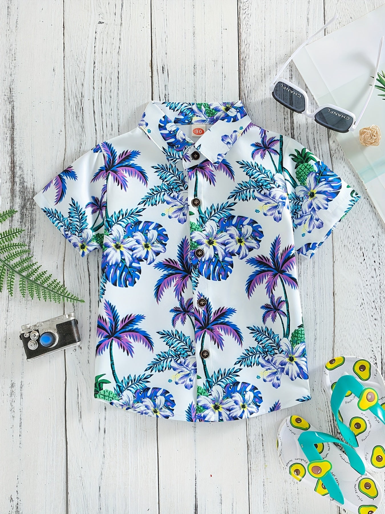 Boys Flowers & Leaves Print Short Sleeves Hawaiian Shirt for Beach Vacation