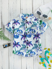 Boys Flowers & Leaves Print Short Sleeves Hawaiian Shirt for Beach Vacation