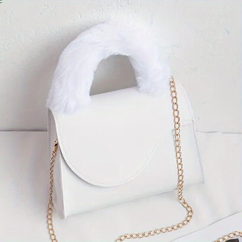 Plush Handle Chain Crossbody Bag Women's Square Shoulder Bag