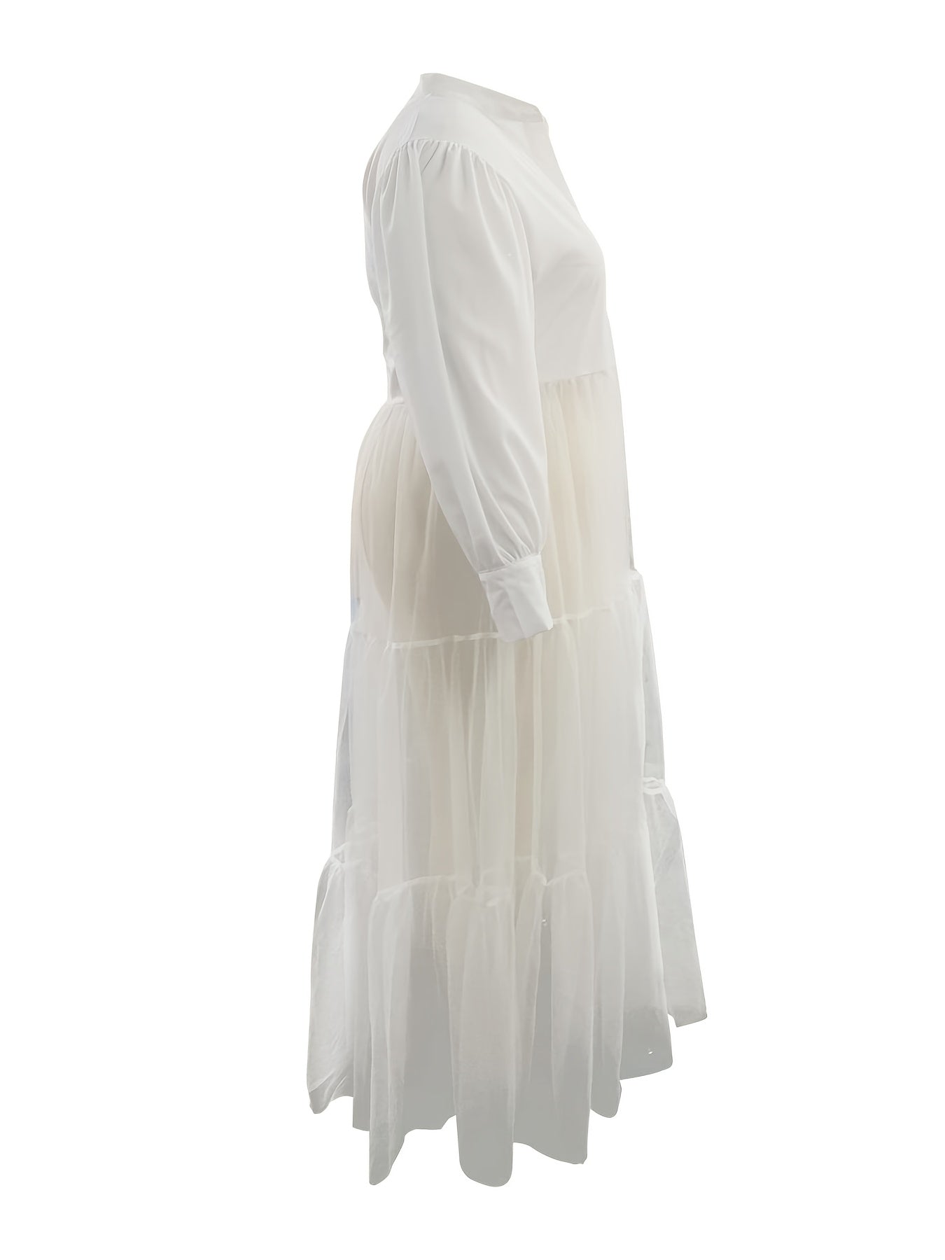  Solid Mesh Button Up Lantern Sleeve Smock Dress