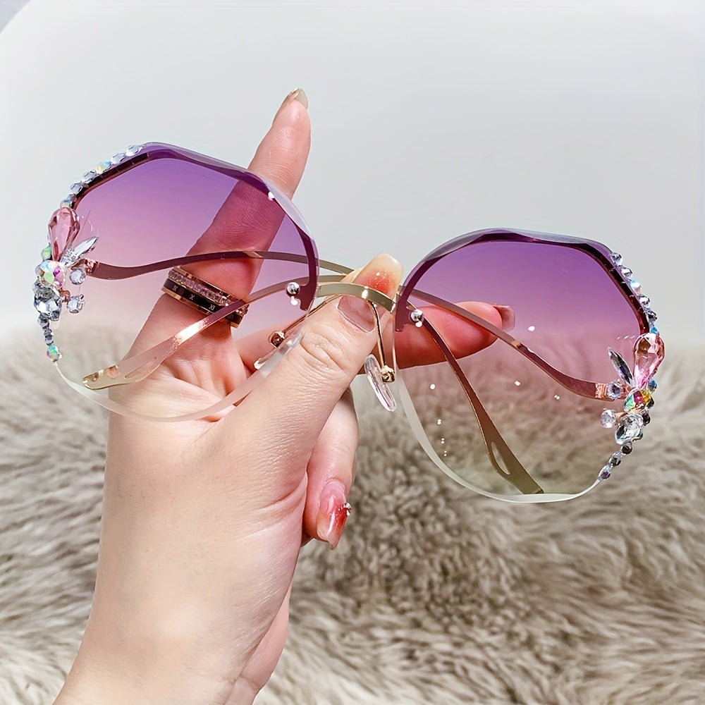 Y2K Half Rim Round Sunglasses Rhinestone Decor Eyeglasses Women