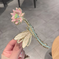 Chinese Style Lotus Flower Hair Claw Clip Vintage Enamel Non Slip Grip Hair Jaw