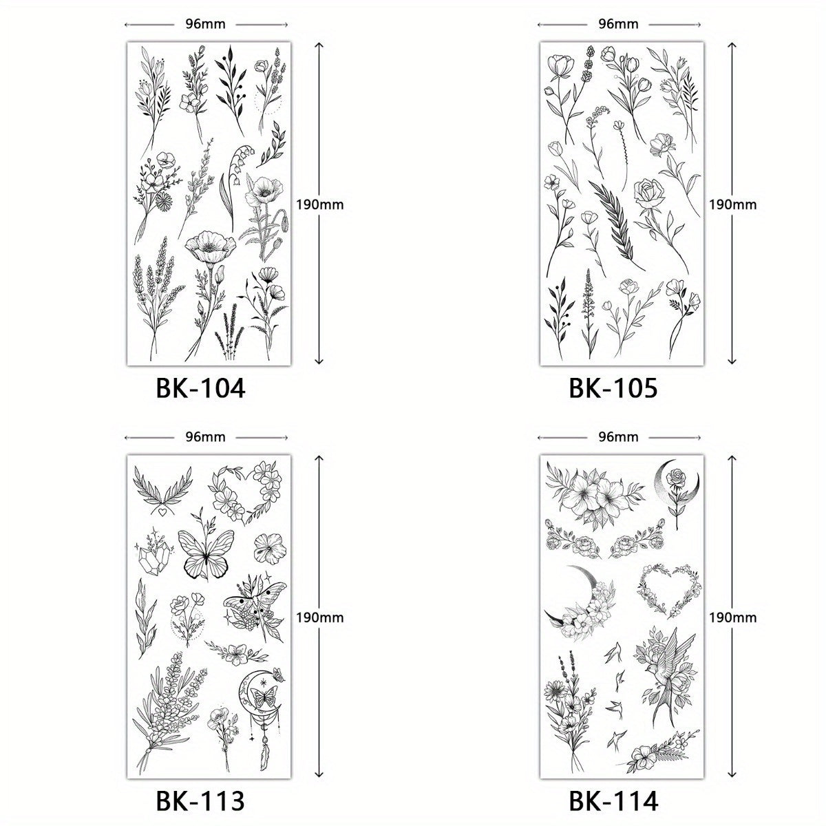 4 Piece Butterfly Flower Sketch Tattoo Stickers